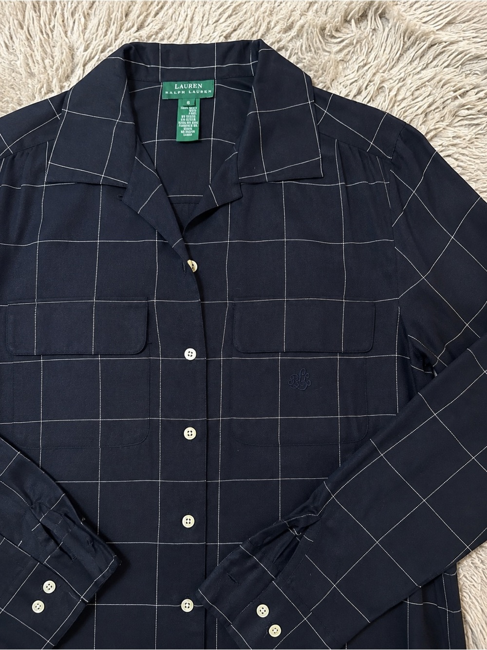 Lauren Ralph Lauren 100% Silk Windowpane Check Button-Up Shirt Women’s Size 8